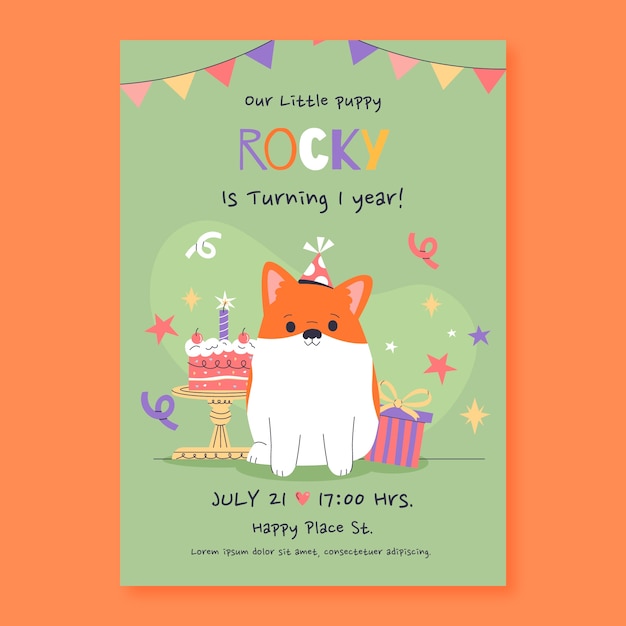 Vector hand drawn dog birthday invitation