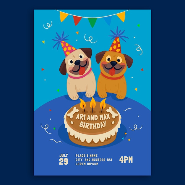 Vector hand drawn dog birthday invitation