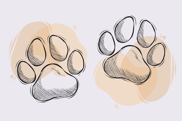 Hand drawn dog or cat paws outline drawing of two pet paw against beige watercolors