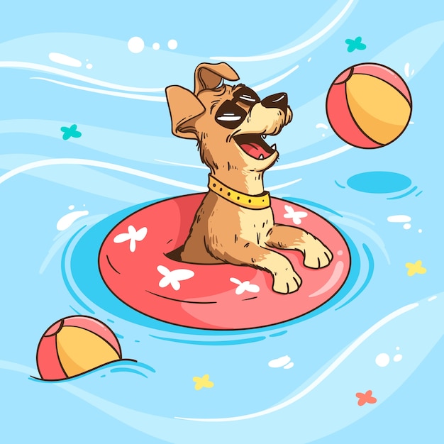 hand drawn dog pool party illustration