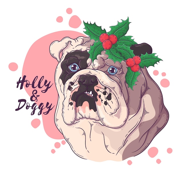 Hand drawn dog portrait with Christmas accessories Vector