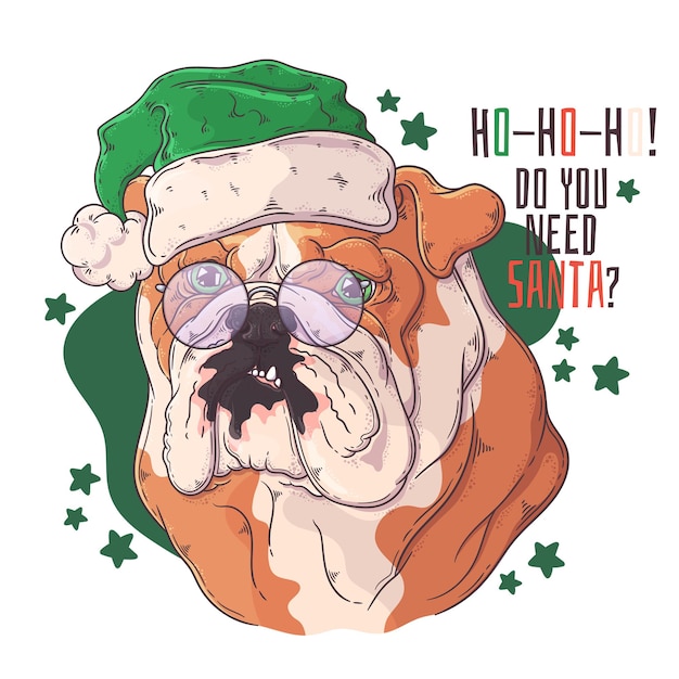 クリスマスアクセサリーベクトルと手描きの犬の肖像画