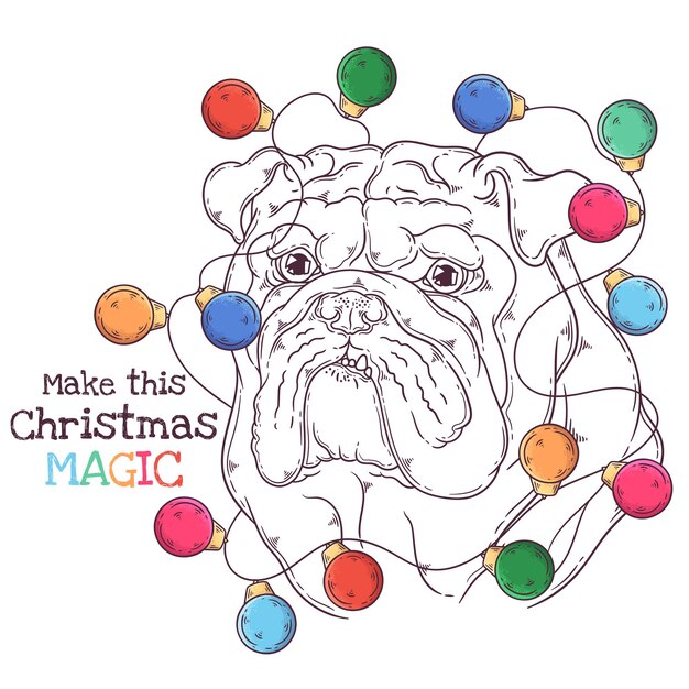 クリスマスアクセサリーベクトルと手描きの犬の肖像画
