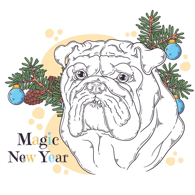 クリスマスアクセサリーベクトルと手描きの犬の肖像画