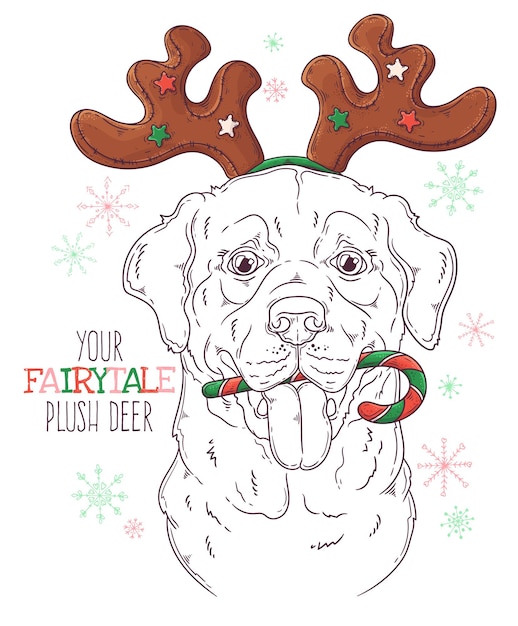 クリスマスアクセサリーベクトルと手描きの犬の肖像画