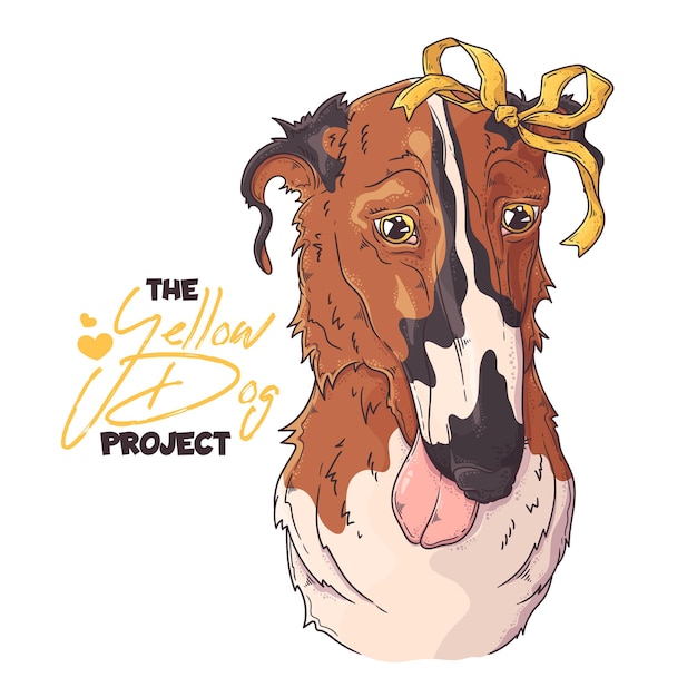 Hand drawn dog portrait with yellow ribbon Vector.