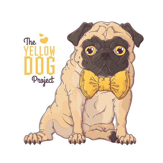 Vector hand drawn dog portrait with yellow ribbon vector.