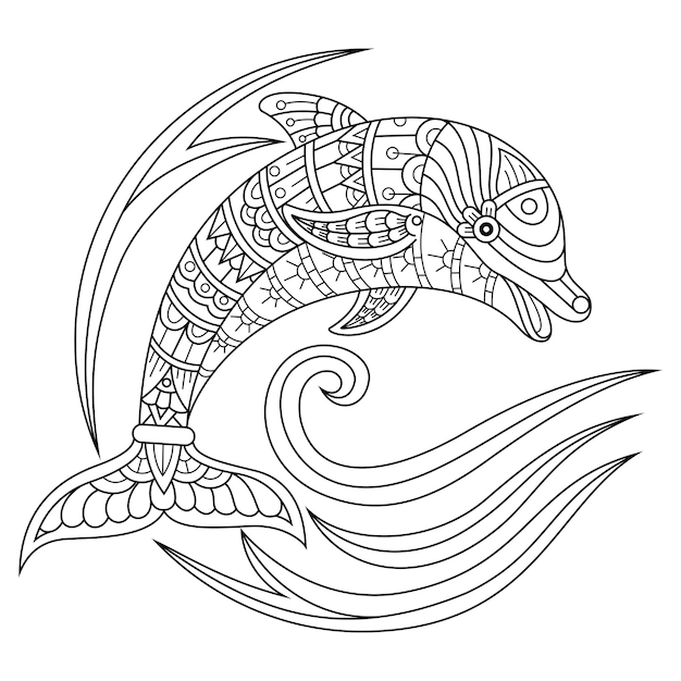 Hand drawn of dolphin in zentangle style