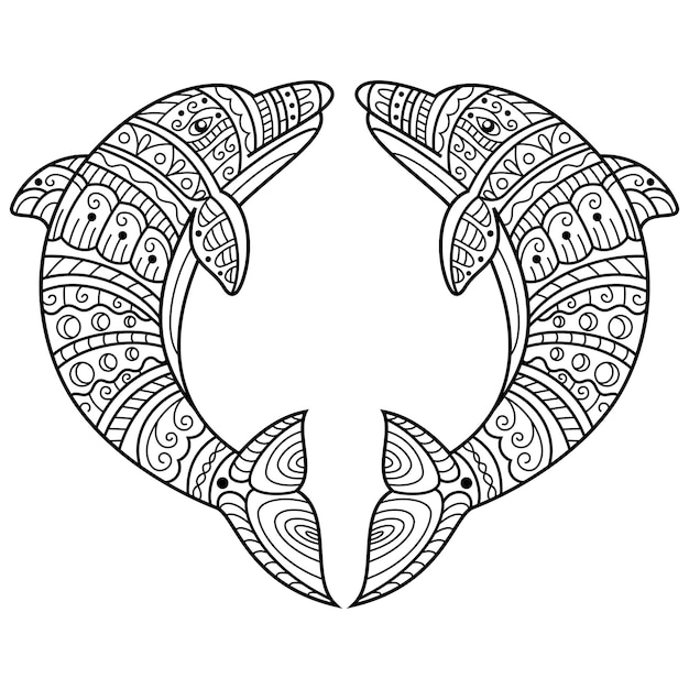 Hand drawn of dolphin in zentangle style