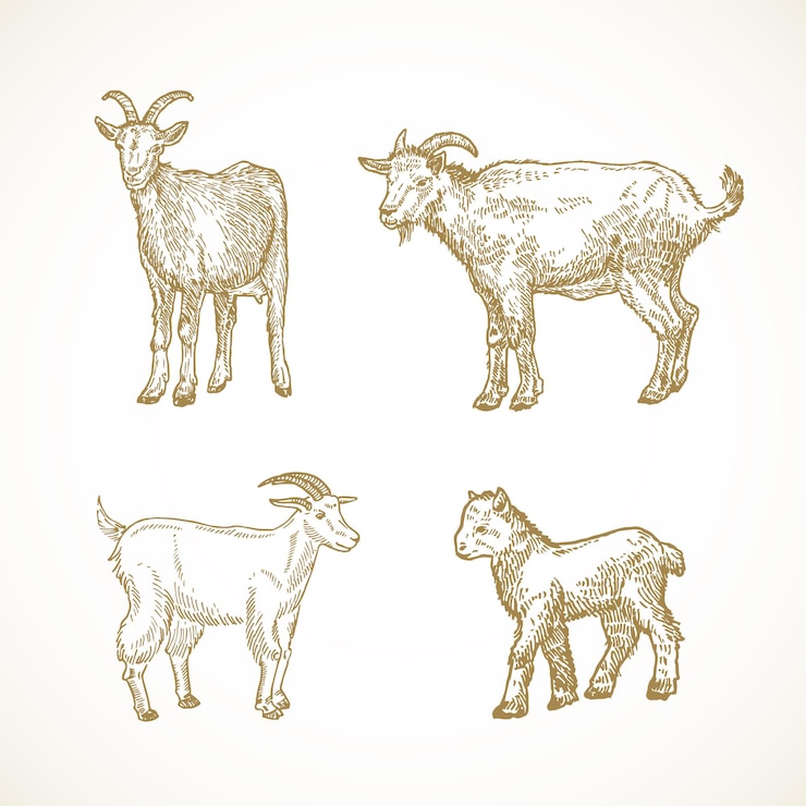 Vector hand drawn domestic animals vector illustrations set. goats and goatlings sketches collection. engraving style drawings. isolated.