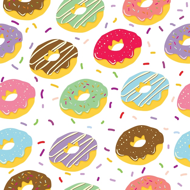 Vector hand drawn donut seamless pattern in white background