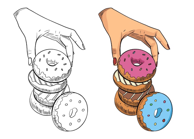 손으로 그린 도넛 그림 검정 및 색상