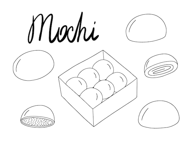 Vettore set di vettori doode mochi disegnati a mano set da dessert giapponese tradizionale