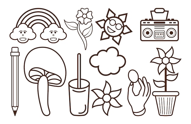 Hand drawn doodle 90's Retro element Clipart collection set