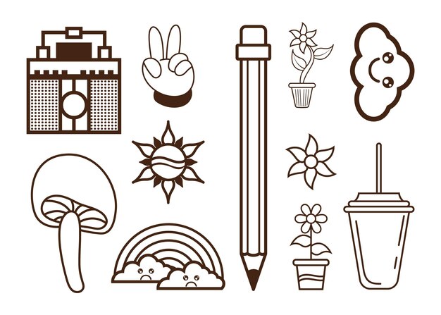 Hand drawn doodle 90's Retro element Clipart collection set