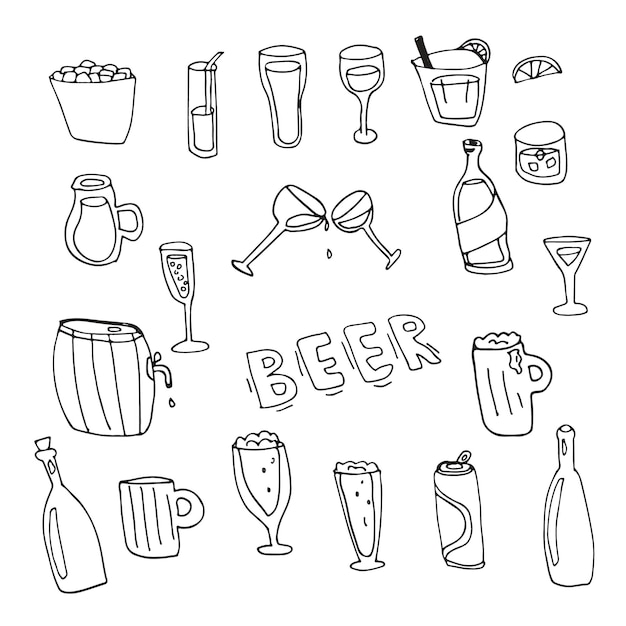 Vettore collezione di icone di alcol doodle disegnato a mano. insieme di vettore od schizzo cocktail, bottiglie e birra.