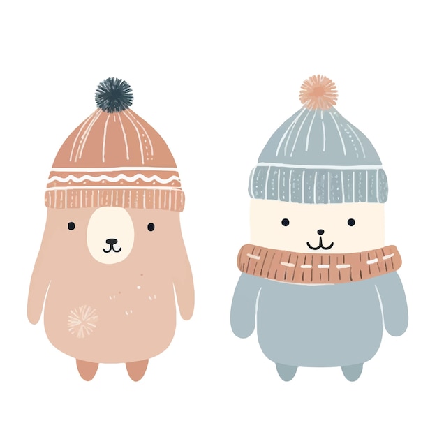 Hand drawn doodle animals Cute scandinavian animals in winter clothes Winter forest vector illustration