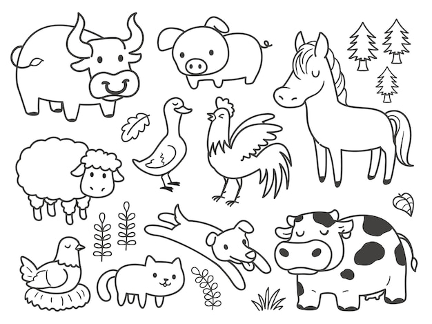 Hand drawn doodle animals on the farm