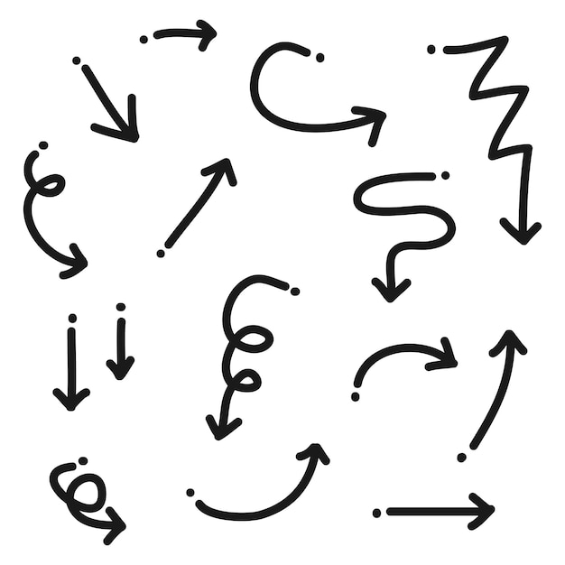 흰색 배경에 고립 된 다양 한 방향으로 설정된 화살표 아이콘에 손으로 그린 낙서 화살표