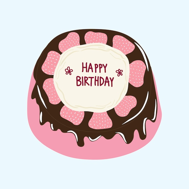 Hand drawn doodle art style of happy birthday strawberry and chocolate cake