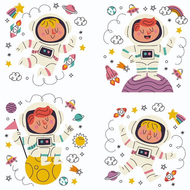 Vector hand drawn doodle astronaut sticker set