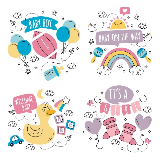 Vector hand drawn doodle baby shower sticker collection