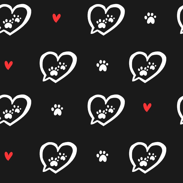 Hand drawn doodle black seamless wallpaper. Cute vector paws, hearts pattern for paper, textile.