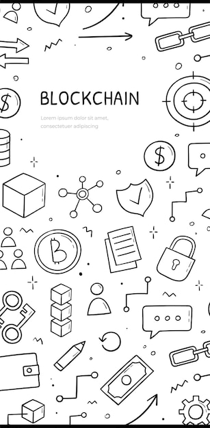 Doodle disegnato a mano del tema blockchain concetto di criptovaluta modello banner verticale illustrazione in stile schizzo