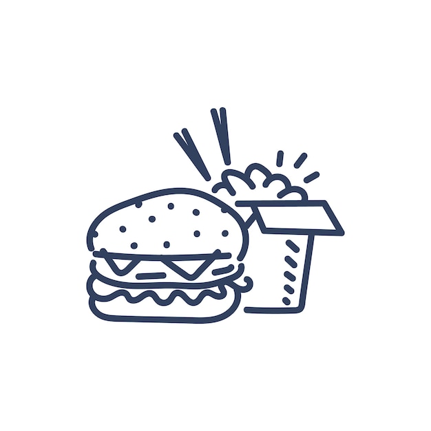 Hand drawn doodle burger and food box snack icon drawing Fastfood restaurant simple line logo vector illustration