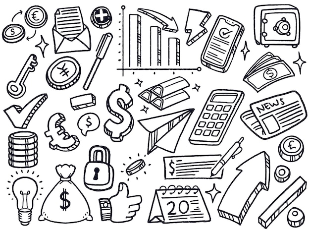 hand drawn doodle business marketing symbol set elements black white style for Banking and finance