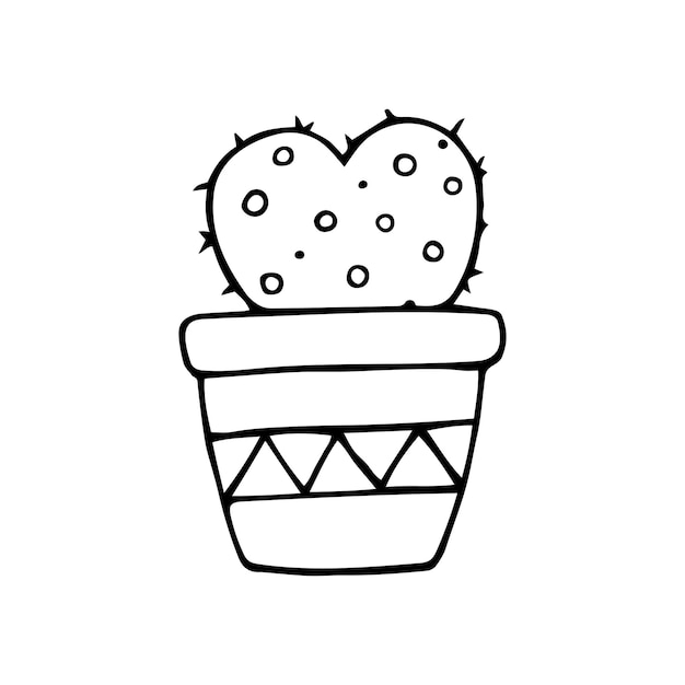 Cactus doodle disegnato a mano succulente vettoriale in vaso contorno della pianta d'appartamento