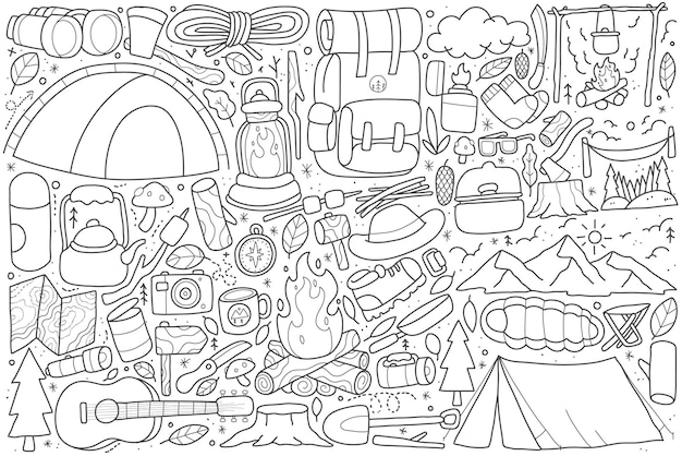 Hand drawn doodle camping line art illustration design