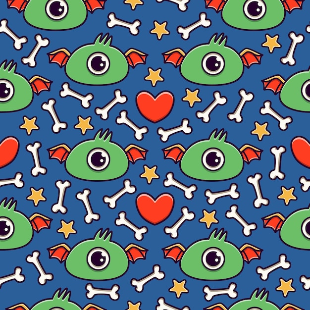 Hand drawn doodle cartoon monster seamless pattern design