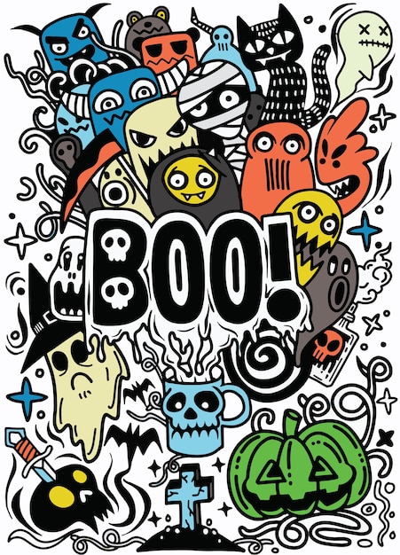 Insieme disegnato a mano del fumetto di doodle di oggetti e simboli sul tema di halloween