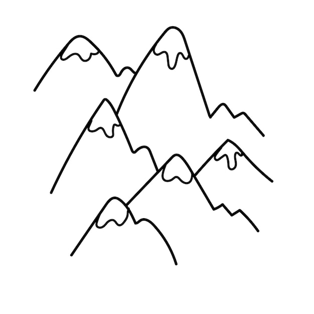 Hand drawn doodle chain of mountains with snowy peaks Simple mountains with cracks and relie