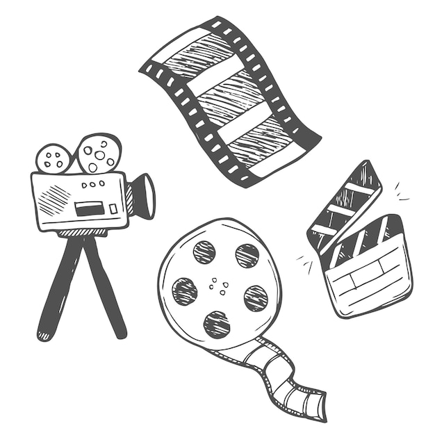 hand drawn doodle cinema icon illustration set isolated