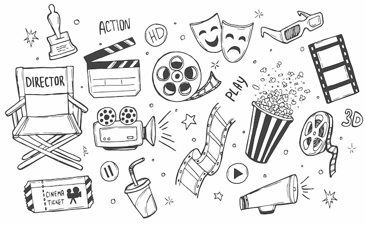 Vector hand drawn doodle cinema set vector illustration movie making icons film symbols collection