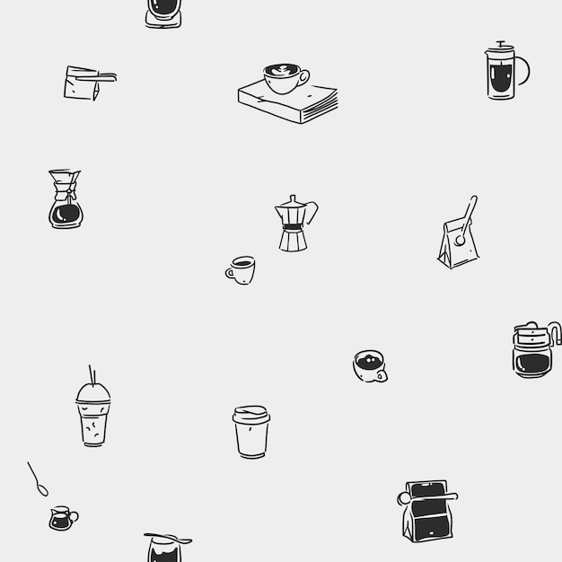 Hand drawn doodle coffee tools seamless patternTrending vector doodle illustrations for coffee shop and restaurant menuHand drawn coffee shop design concept and coffee break iconsMenu line art