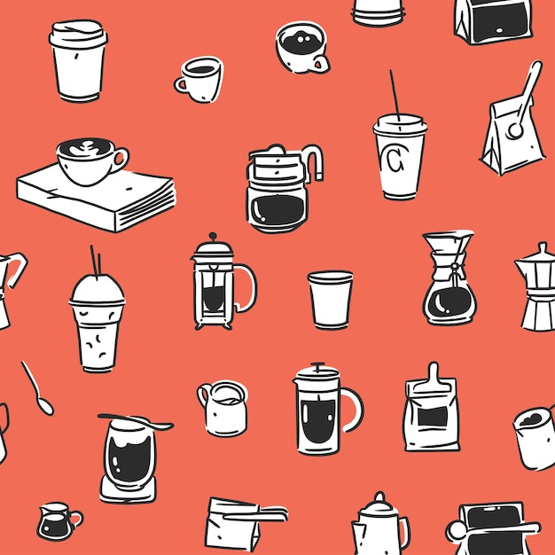 Ручно нарисованные рисунки кофейных инструментов, бесшовные узоры, тенденционные векторные иллюстрации для кафе.