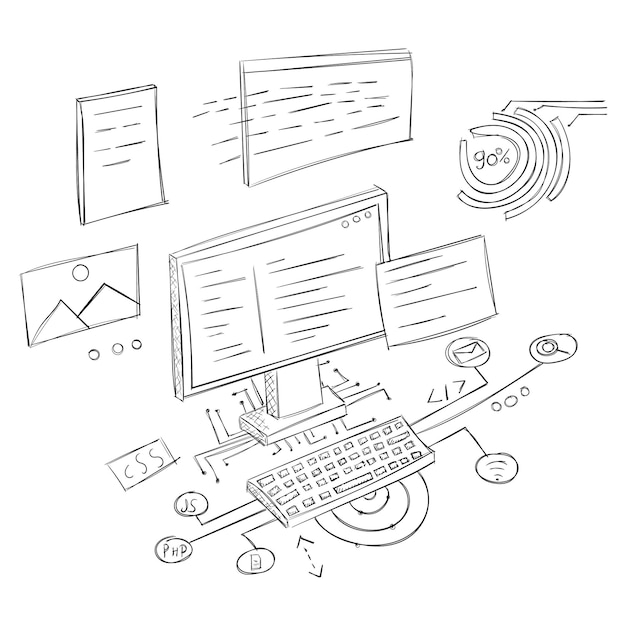 Computer di doodle disegnato a mano schizzo di un computer concetto di spazio di lavoro ufficio creativo posto di lavoro con il computer illustrazione vettoriale