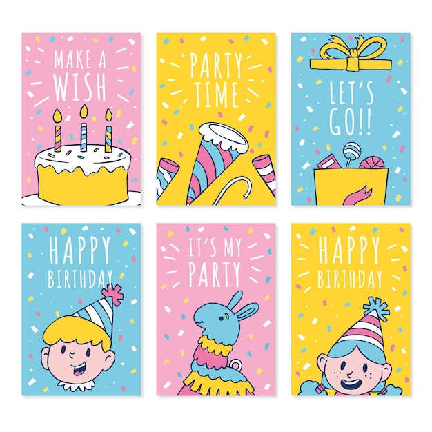 Hand drawn doodle cute birthday card collection template