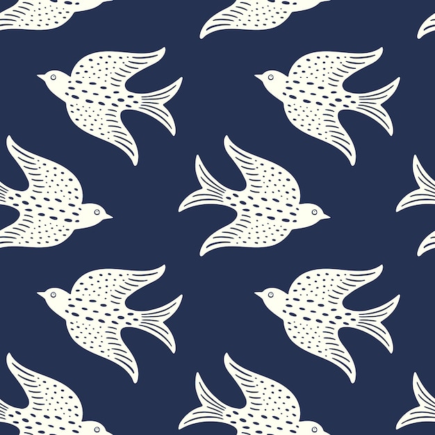 Vector hand drawn doodle decorative birds seamless texture stylized folk birds silhouette seamless pattern
