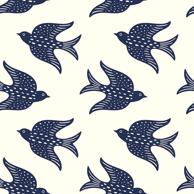 手描きのドゥードル 装飾的な鳥 縫い目なしの質感 スタイリッシュな民俗的な鳥 シルエットの縫い目ないパターン