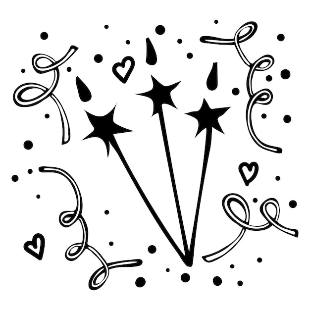 Elemento di design doodle disegnato a mano, fuochi d'artificio, caramelle, corona.