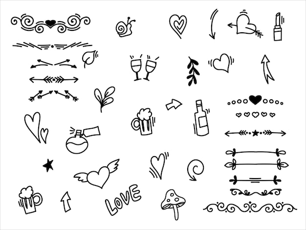 Hand drawn doodle design elements black on white background Doodle heart arrow star sparkle decoration symbol set icon symbols cute decorative brush stroke lines sketch pen design elements