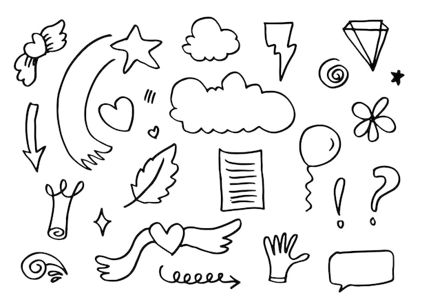 Hand drawn doodle design elements black on white backgroundarrow emphasis heart rain crown star thunderbolt doodle sketch design elements