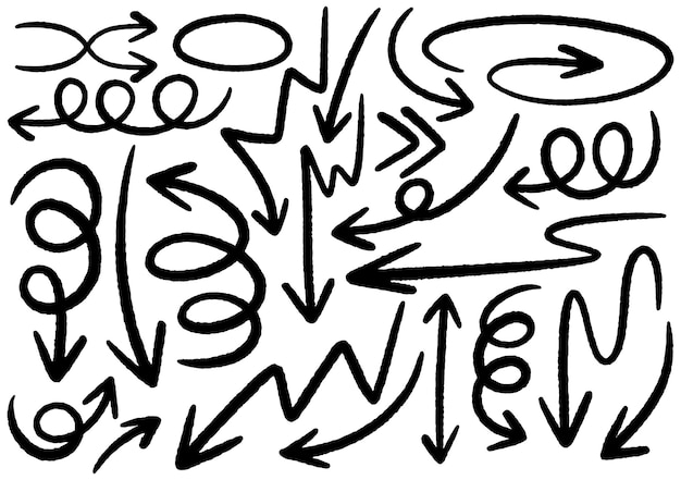 手描き落書きデザイン要素。手描きの矢印、フレーム、境界線、アイコン、記号。漫画スタイルのインフォグラフィック要素。白色の背景。