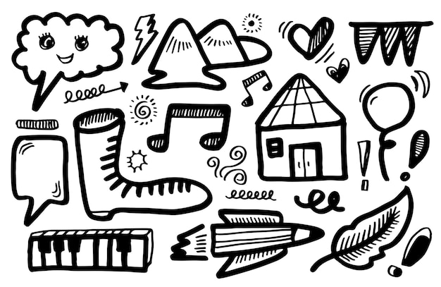 Elementi di design doodle disegnati a manonube di fulmine freccia cuore scarpa collina casa