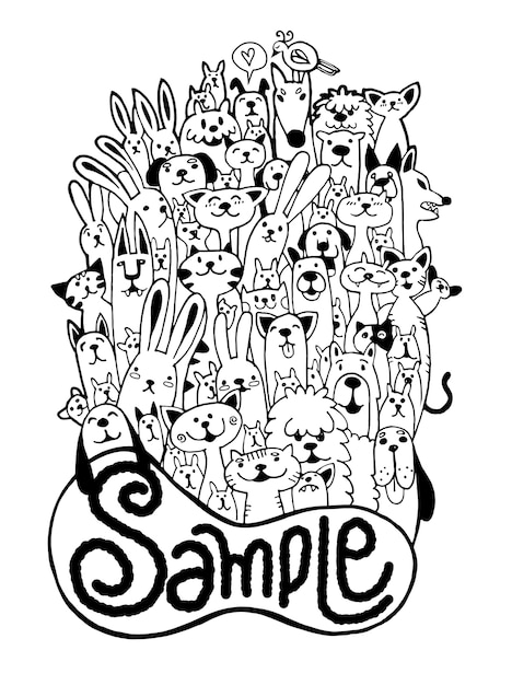 Hand drawn doodle funny pet set, vector illustration.