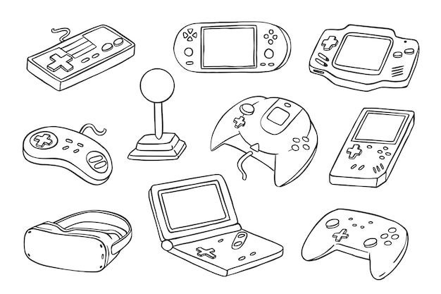 Collezione di console di gioco doodle disegnato a mano